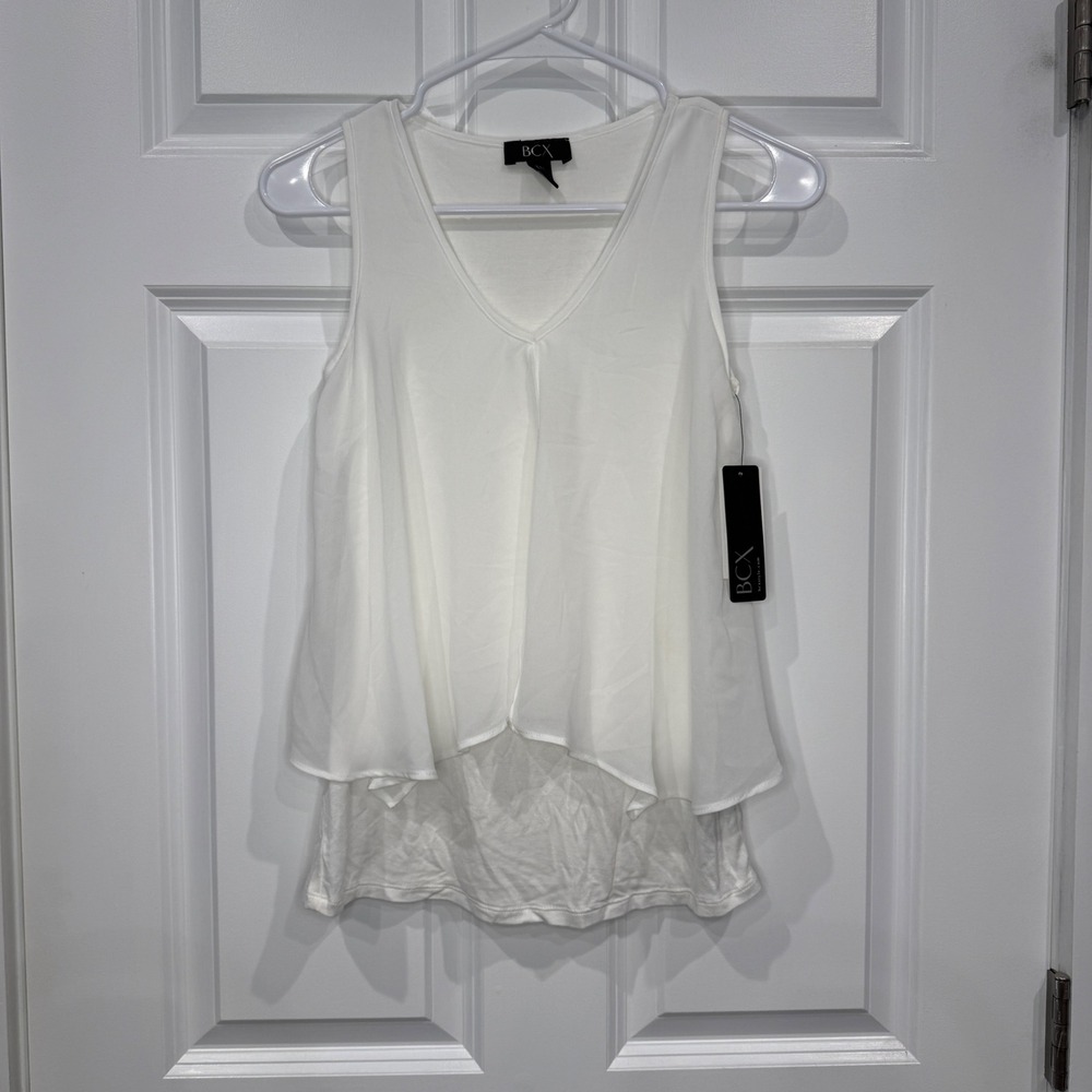 BCX Womens White V-Neck Sleeveless‎ Double Layer Chiffon Blouse Top Size XXS